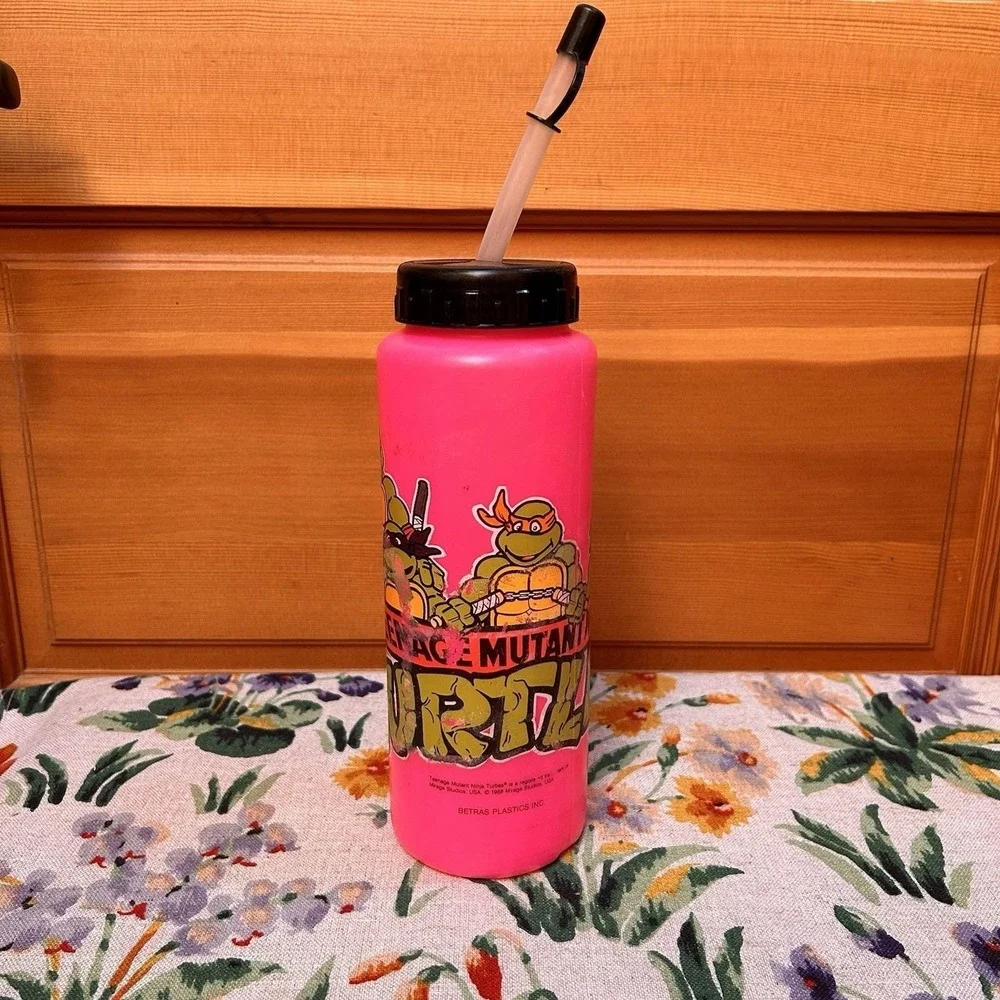 VTG 80s TMNT Teenage Mutant Ninja Turtles Water Bottle Straw Cap Pink Retro GLOW